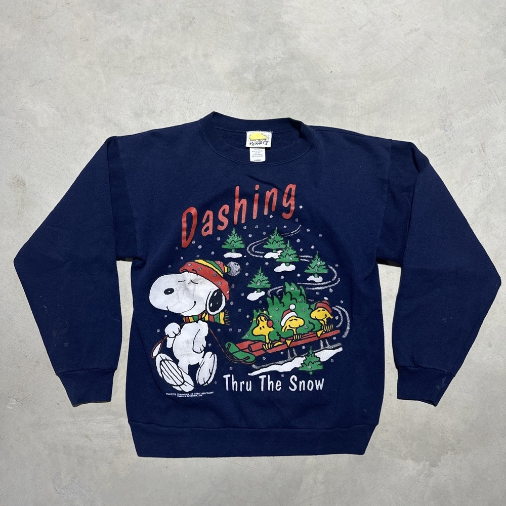 Vintage 90s Peanuts Christmas Snoopy Santa Claus Woodstock Reindeer Sweatshirt L